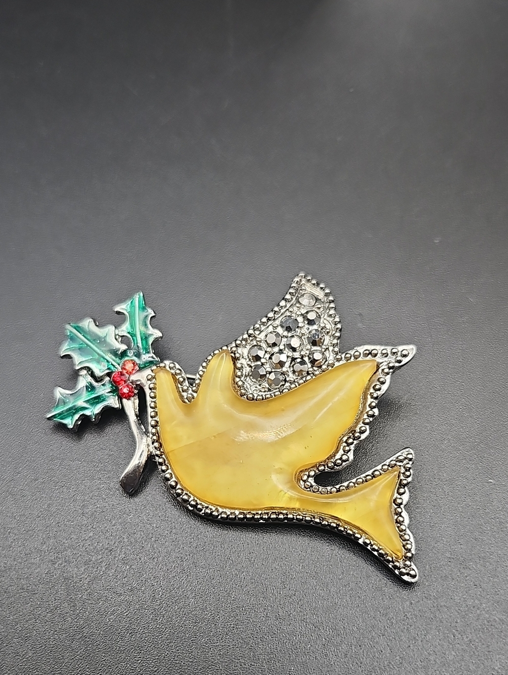 Yellow Dove Holiday Brooch with Green Holly Accent - Picture 1 of 2